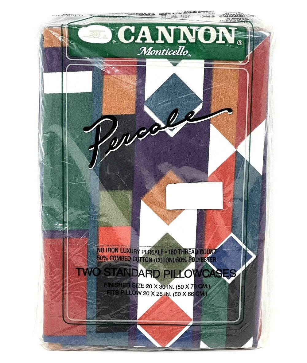 Vtg Cannon Monticello Percale Pair of 2 Standard Pillowcases Geometric Shapes